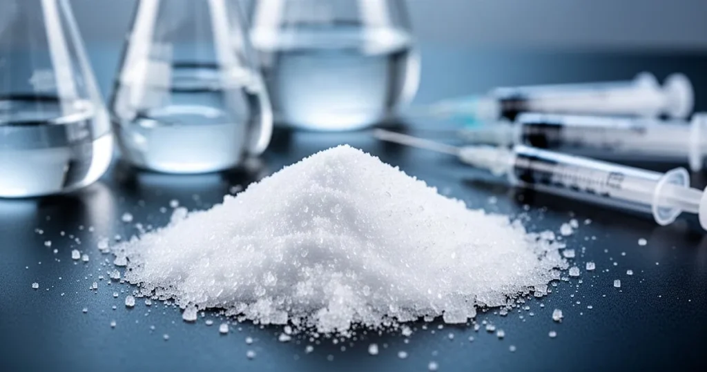 Krystaliczny biały proszek na ciemnym tle, w tle zamazane szkło laboratoryjne i strzykawki w tonacji chłodnego błękitu.