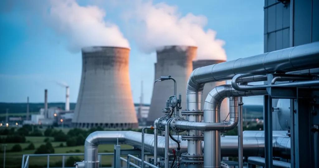 Wielkie przemysłowe wieże chłodnicze elektrowni z unoszącą się parą na tle błękitnego nieba oraz metalowe rury na pierwszym p