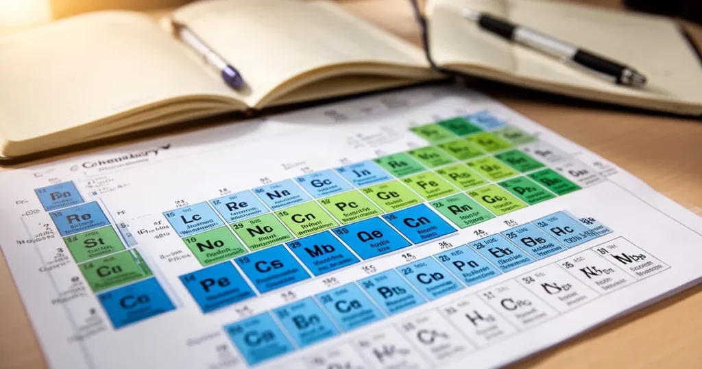 Zbliżenie na układ okresowy pierwiastków z wyróżnionymi wzorami chemicznymi, leżący na biurku obok otwartego zeszytu i długop
