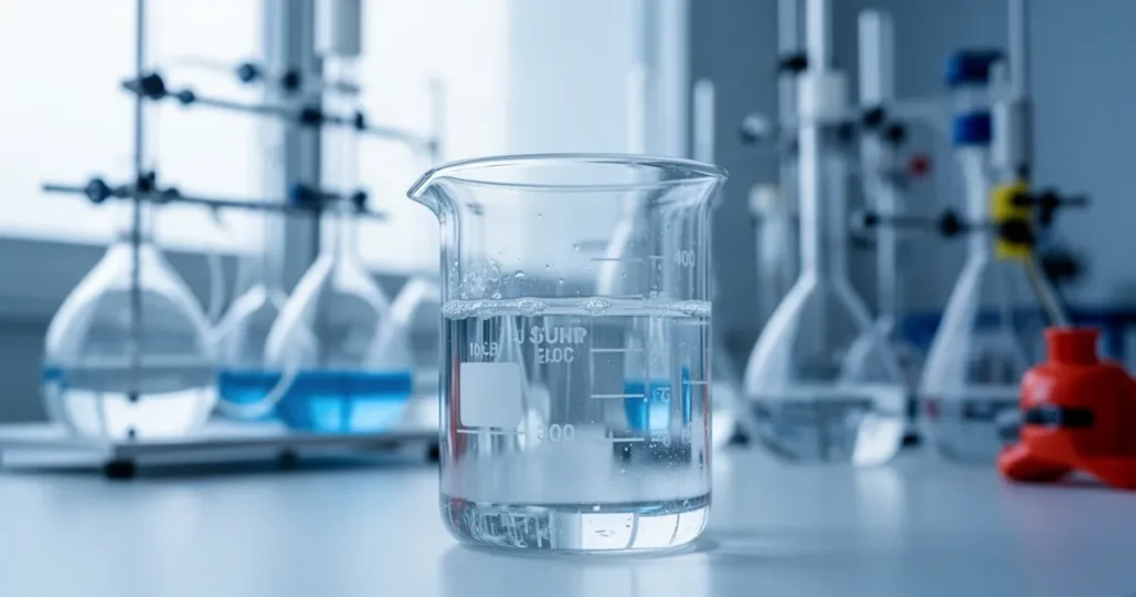 Kwas siarkowy(VI) – zastosowanie Zbliżenie na kwas siarkowy w szklanej zlewce, w tle profesjonalny sprzęt laboratoryjny w chłodnych barwach.