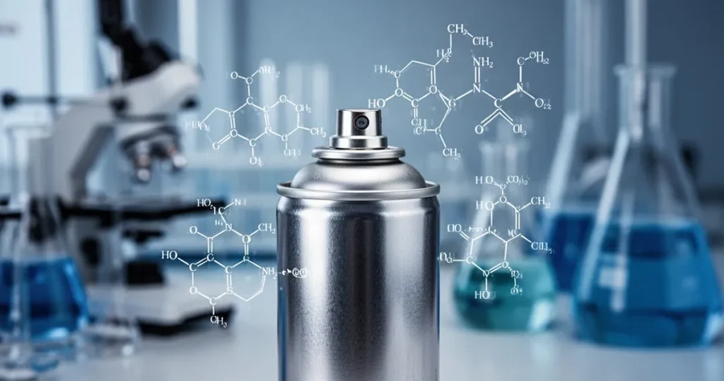 Butan – właściwości, zastosowanie Pojemnik z gazem butan otoczony schematami wzorów chemicznych w chłodnej, industrialnej kolorystyce na tle laboratorium.