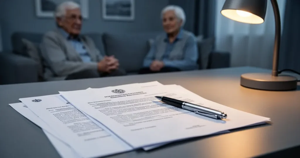 Długopis i oficjalne dokumenty prawne leżące na biurku w tle wnętrza mieszkania emeryta.
