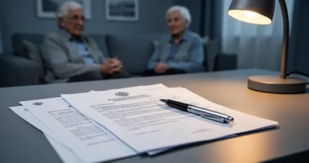 Długopis i oficjalne dokumenty prawne leżące na biurku w tle wnętrza mieszkania emeryta.