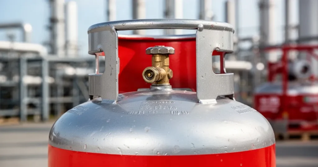 Srebrno-czerwona butla z gazem LPG w zbliżeniu na rozmytym tle przemysłowym.