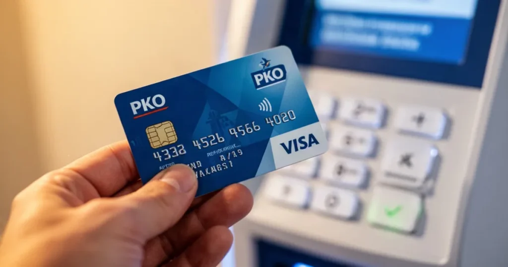 Dłoń trzymająca kartę płatniczą PKO Banku Polskiego na tle niewyraźnej klawiatury do wpisywania kodu PIN.