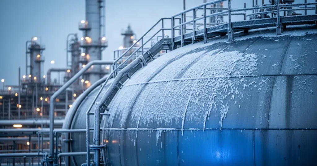Przemysłowy zbiornik na LNG pokryty szronem, oświetlony na niebiesko, na tle rozmytej infrastruktury rafinerii.