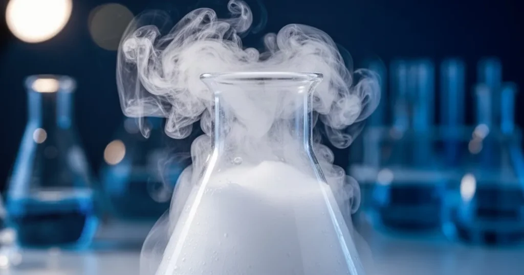 Dwutlenek węgla – właściwości i zastosowanie Zbliżenie na laboratoryjną kolbę z sublimującym suchym lodem, z której wydobywają się białe opary w ciemnoniebieskim otoczeni