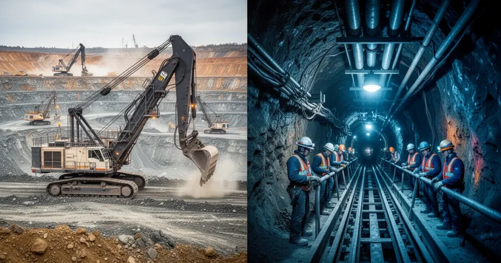 Czym różni się wydobycie odkrywkowe od głębinowego? Porównanie górnictwa odkrywkowego z wielkimi koparkami oraz podziemnego z pracownikami w tunelach.