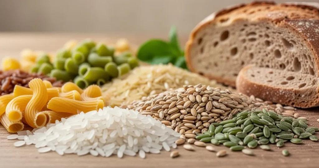 Zbliżenie na różnorodne produkty bogate w węglowodany, takie jak makaron, ryż, pełnoziarniste zboża i pieczywo na drewnianym