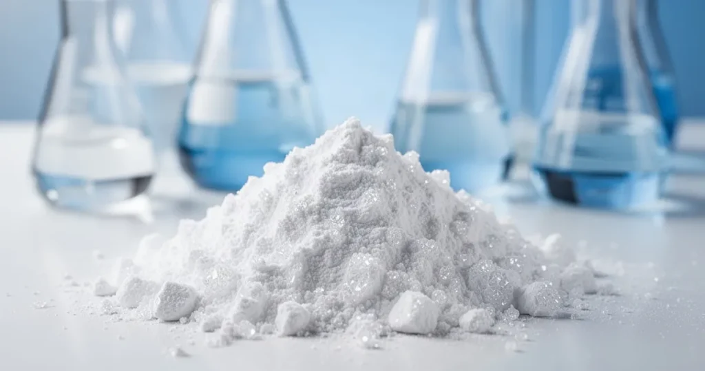 Dwutlenek tytanu – właściwości i zastosowanie Biały proszek dwutlenku tytanu o krystalicznej strukturze w zbliżeniu, na tle laboratoryjnego szkła w odcieniach błękitu.