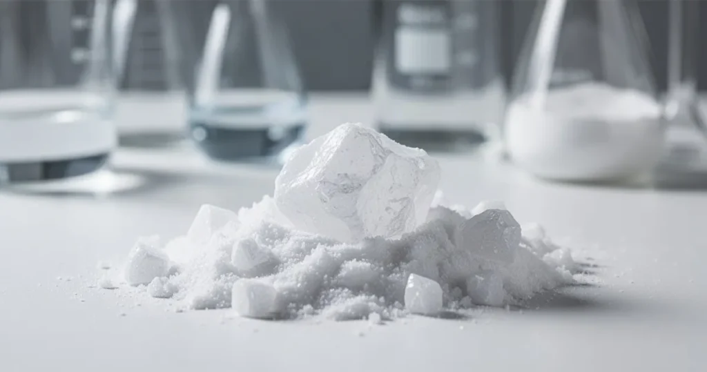Zbliżenie na białe kryształki i proszek boraksu na czystym blacie w sterylnym, laboratoryjnym otoczeniu.
