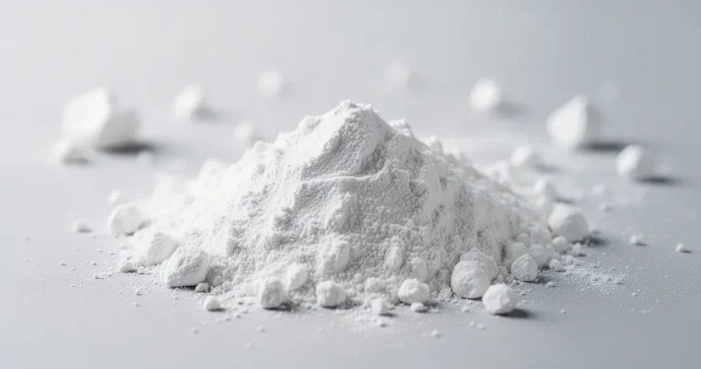 Kaolin – właściwości, zastosowanie Drobny, czysty biały proszek kaolinowy o gładkiej konsystencji rozsypany na jasnym, neutralnym tle.