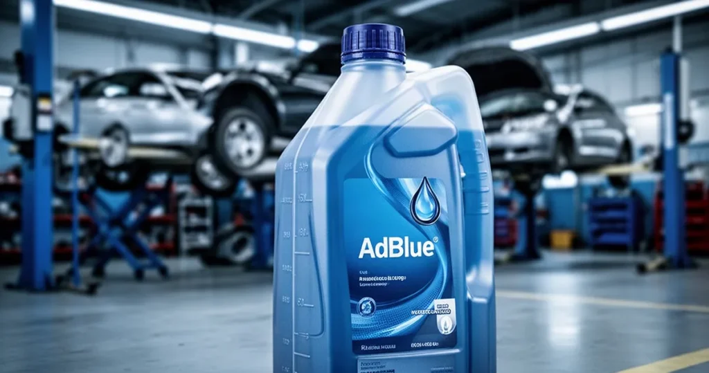 AdBlue – co to jest i do czego służy? Kompletna definicja Niebieska butelka z płynem AdBlue na rozmytym tle warsztatu samochodowego.