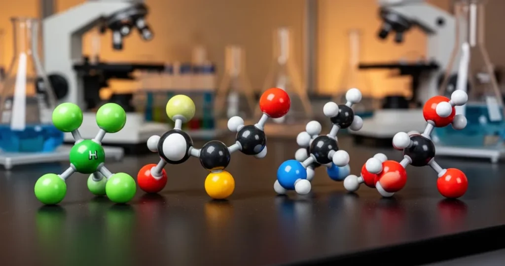 Metan, etan, propan, butan – czym są i jakie mają zastosowanie? Kolorowe modele cząsteczek metanu, etanu, propanu i butanu na stole laboratoryjnym w otoczeniu sprzętu badawczego.