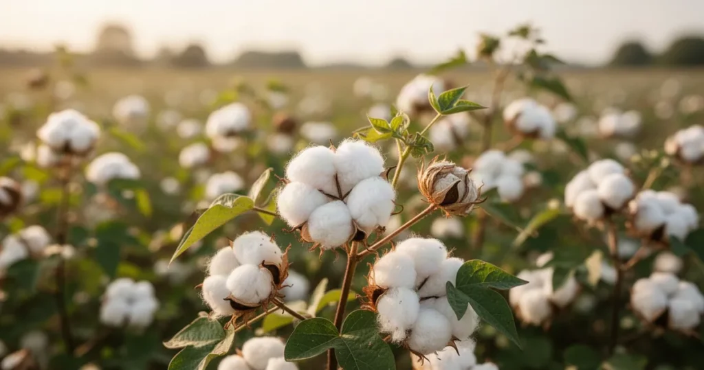 Zbliżenie na białe, puszyste kwiaty bawełny rosnące na zielonym polu w naturalnym świetle słonecznym.