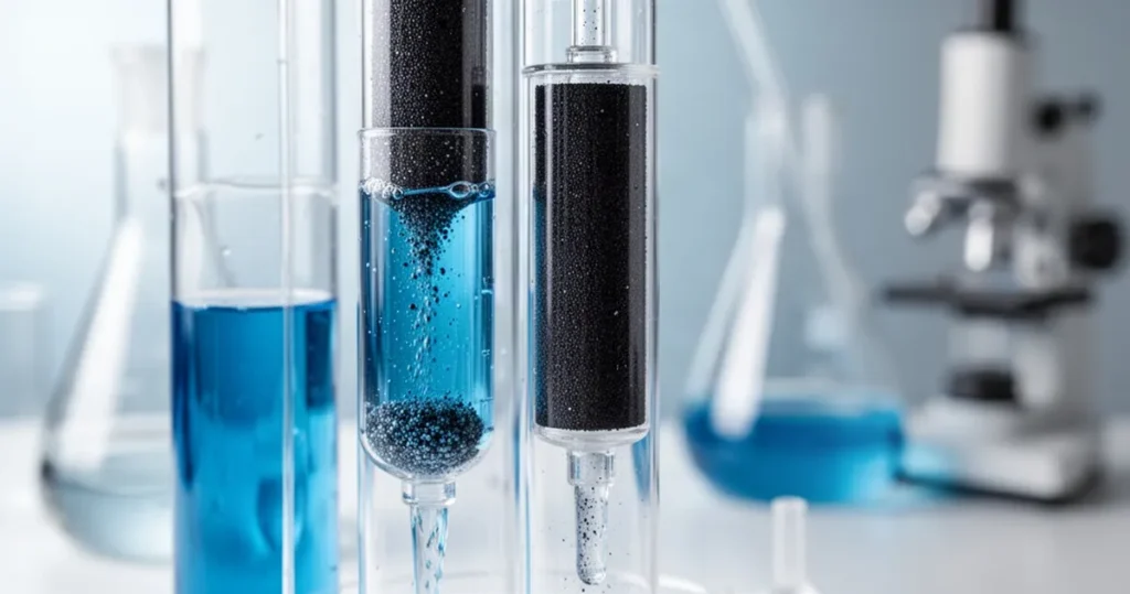Zbliżenie na laboratoryjne szkło z filtrami chemicznymi i aktywnym węglem oraz przepływającą niebieską cieczą.