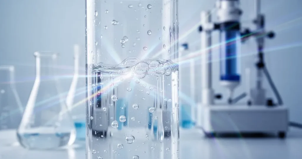 Krystaliczne krople wody w świetle UV na tle laboratoryjnego sprzętu do uzdatniania, w tonacji błękitu i bieli.