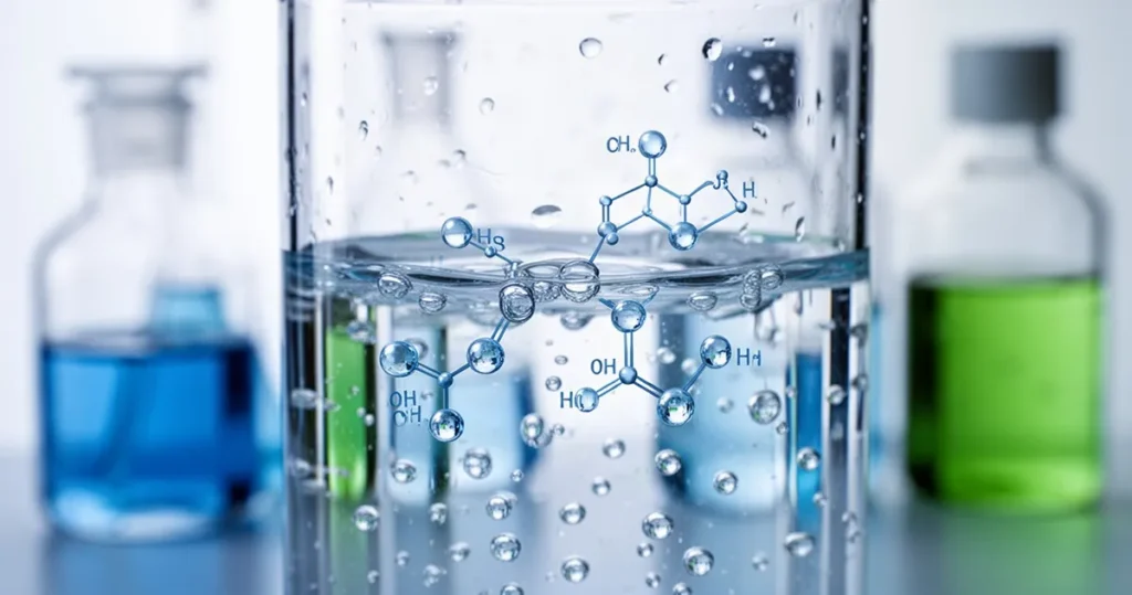 Krople wody z widocznymi strukturami chemicznymi chloru na rozmytym tle laboratoryjnym w odcieniach błękitu.
