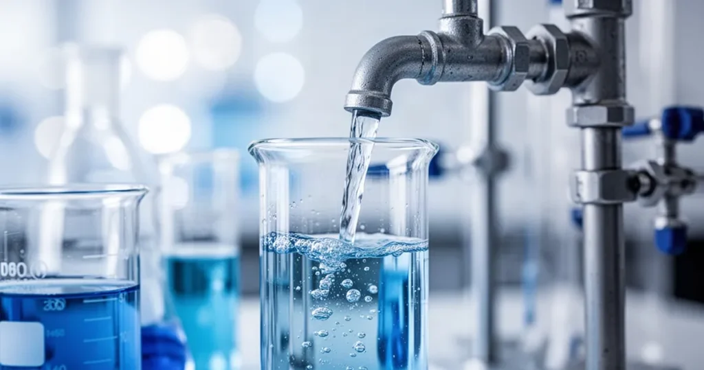 Proces chemicznego oczyszczania ścieków w laboratorium z probówkami oraz mieszającymi się niebieskimi i przezroczystymi płyna