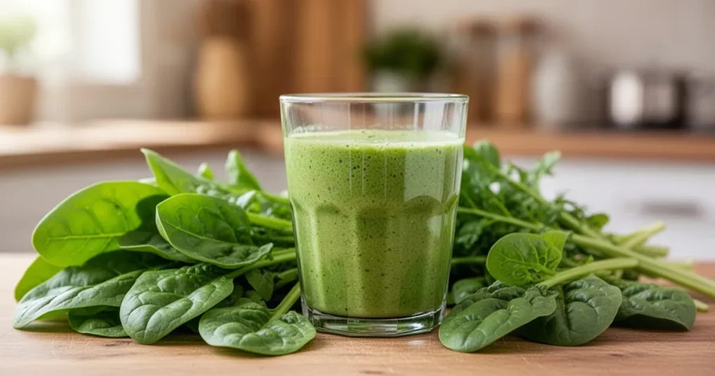Świeże zielone warzywa liściaste i szklanka zielonego koktajlu detox na drewnianym blacie w słonecznej kuchni.