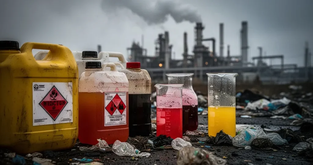 Zbliżenie na pojemniki z toksycznymi, kolorowymi substancjami chemicznymi na tle dymiącej fabryki.