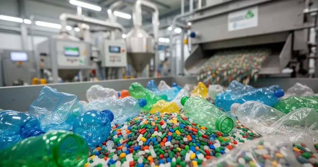 Recykling chemiczny – na czym polega i dlaczego jest przyszłością gospodarki odpadami? Kolorowe odpady z tworzyw sztucznych i granulaty polimerowe w nowoczesnym zakładzie przetwórstwa chemicznego.