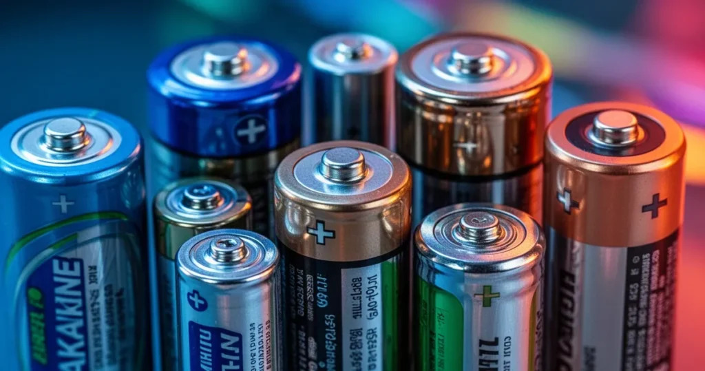 Baterie chemiczne – jak działają i jakie są ich rodzaje? Zbliżenie na różne rodzaje baterii chemicznych, w tym alkaliczne i litowe, z widocznymi stykami na metalicznym tle.