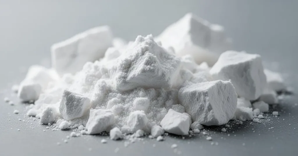 Zbliżenie na biały, krystaliczny proszek oraz bryłki węglanu wapnia o wyraźnej strukturze mineralnej na rozmytym tle.