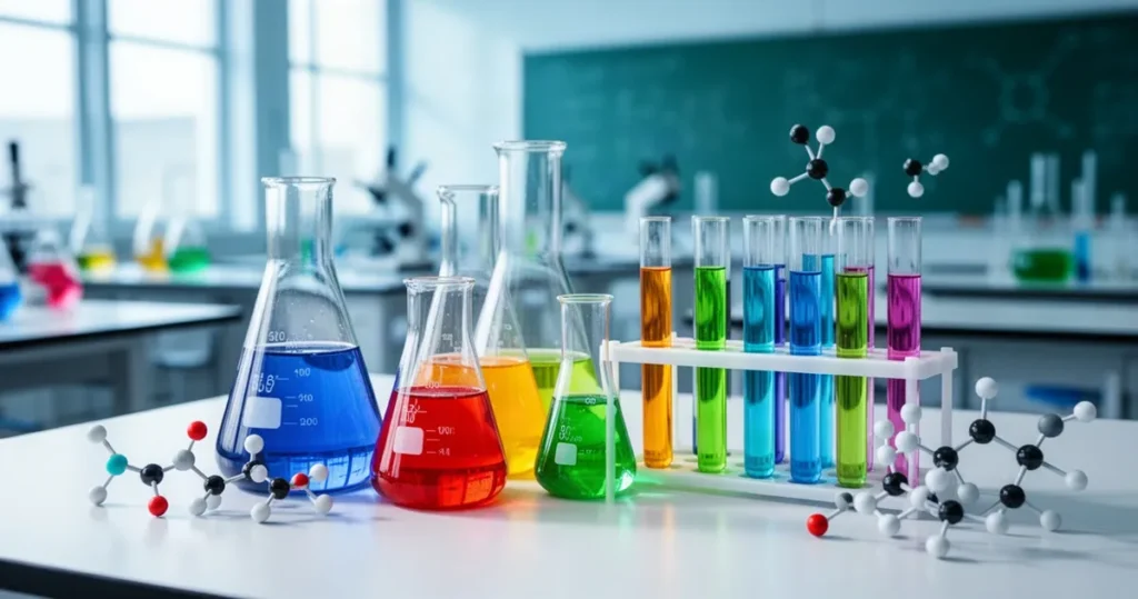 Kolorowe zlewki i probówki z odczynnikami chemicznymi oraz modele struktur cząsteczek na stole w laboratorium.