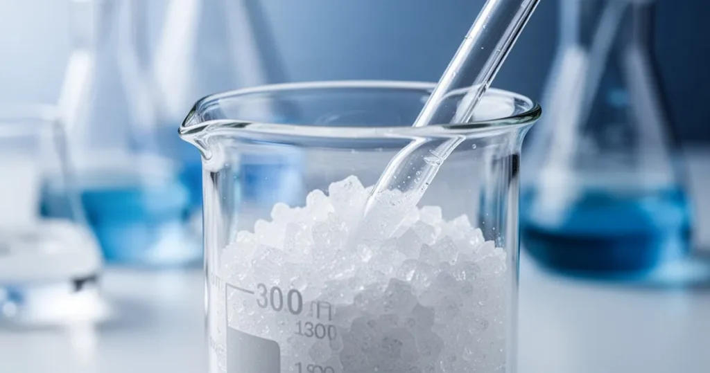 Wodorotlenek sodu – właściwości, zastosowanie Zbliżenie na kryształy wodorotlenku sodu w szklanej zlewce z pipetą w laboratorium, utrzymane w niebiesko-białej tonacji.
