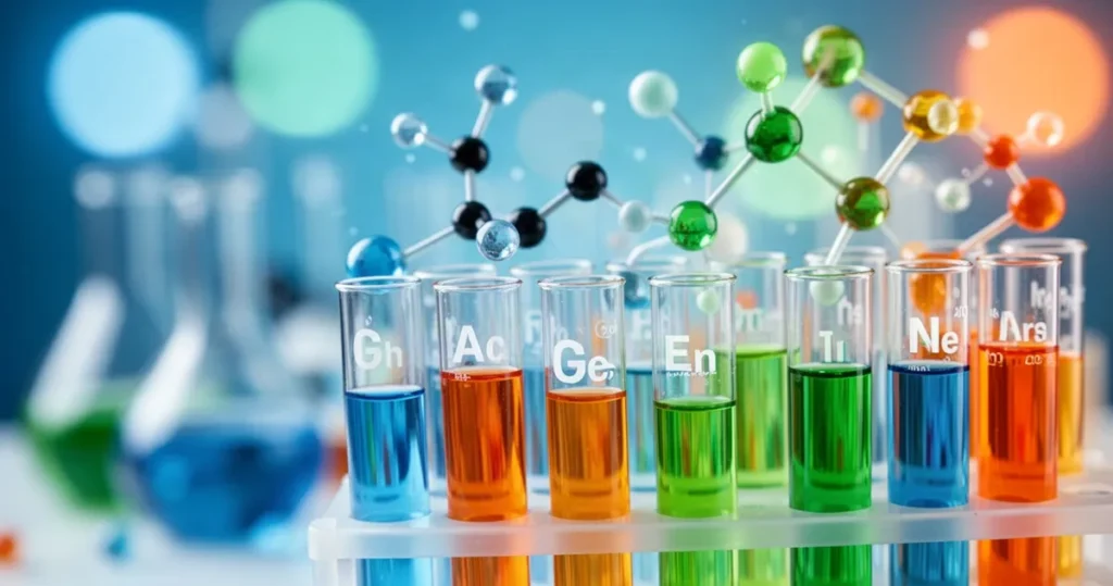 Kolorowe probówki z płynami, modele cząsteczek chemicznych i pierwiastki na tle nowoczesnego laboratorium.