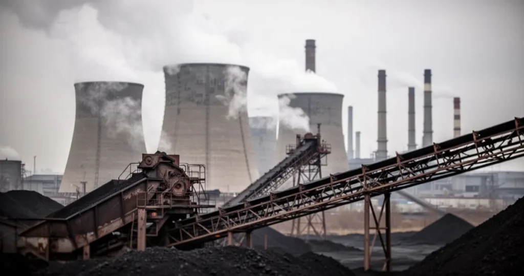 Jak działa elektrownia węglowa krok po kroku? Elektrownia węglowa z chłodniami kominowymi, taśmociągami i kominami w pochmurny dzień.