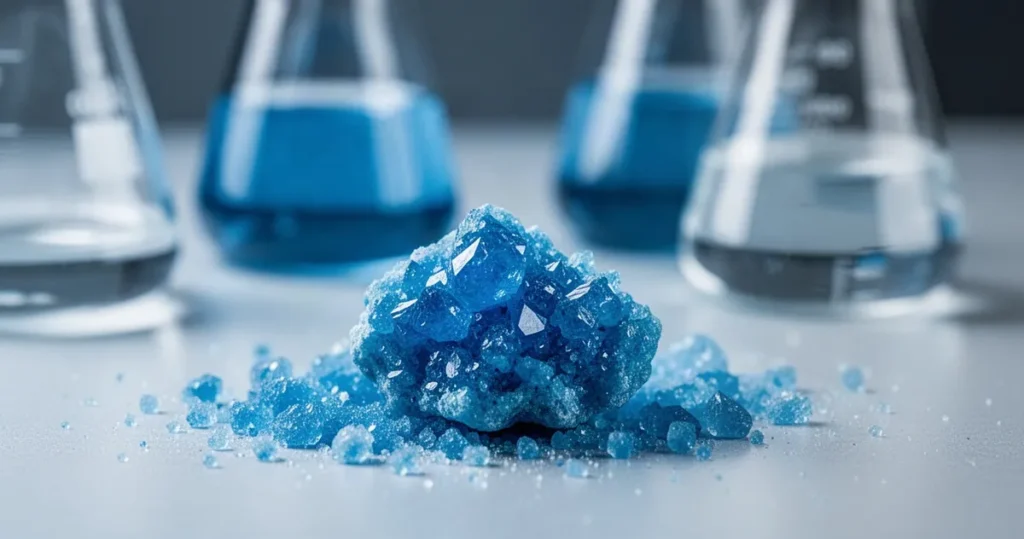 Zbliżenie na niebieskie kryształy siarczanu miedzi na stole laboratoryjnym z rozmytym szkłem chemicznym w tle.