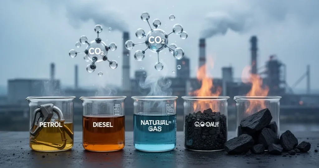 Pojemniki z benzyną, dieslem, gazem i węglem oraz wizualizacja cząsteczek CO2 na tle dymiących kominów fabrycznych.