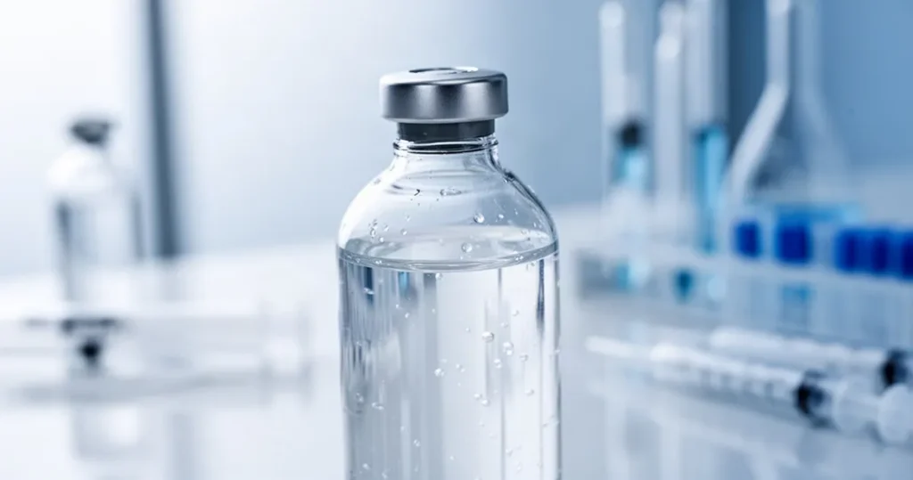 Zbliżenie na butelkę z roztworem soli fizjologicznej na tle rozmytego sprzętu medycznego w sterylnej, laboratoryjnej tonacji.