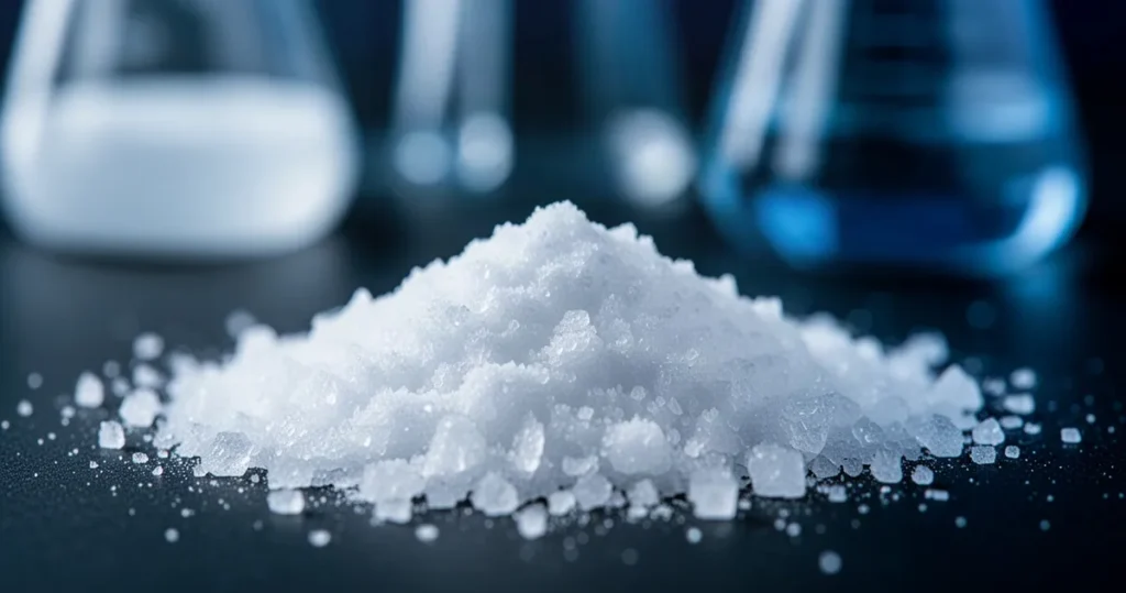 Chlorek wapnia – właściwości i zastosowanie Zbliżenie makro białych kryształów chlorku wapnia na ciemnym tle w chłodnej, laboratoryjnej kolorystyce.
