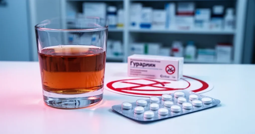Furagina a alkohol – czy można je łączyć? Kieliszek alkoholu obok blistra tabletek Furagina na białym blacie z widocznym symbolem ostrzegawczym.
