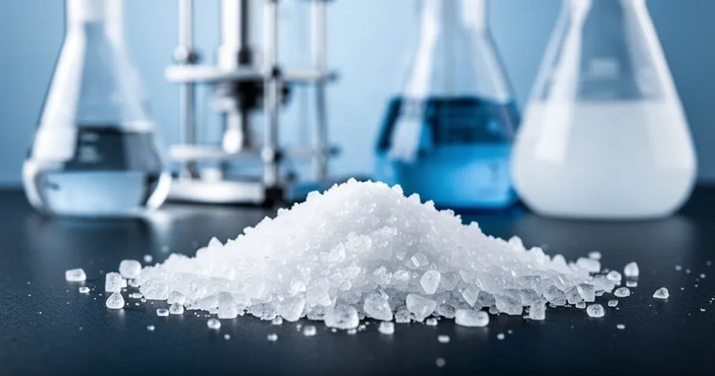 Chlorek sodu – właściwości i zastosowanie przemysłowe Białe kryształki chlorku sodu na ciemnym blacie laboratoryjnym, w tle rozmyty sprzęt chemiczny.