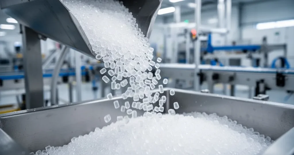 Na czym polega produkcja PVC? Półprzezroczysty granulat PVC wsypywany do nowoczesnej maszyny przemysłowej w tle zautomatyzowanej hali fabrycznej.