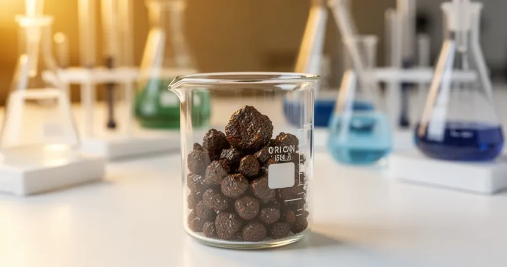 Chlorek żelaza – właściwości i zastosowanie Ciemnobrązowe kryształy chlorku żelaza w szklanej zlewce na tle profesjonalnego wyposażenia laboratorium chemicznego.