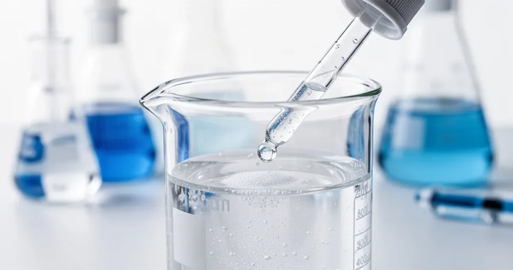 Podchloryn sodu – właściwości i zastosowanie Zbliżenie na przezroczysty roztwór podchlorynu sodu w szklanej zlewce z zakraplaczem w profesjonalnym laboratorium.