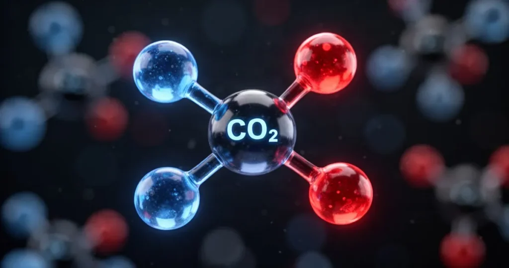 Tlenek węgla IV – definicja Model cząsteczki dwutlenku węgla z jarzącymi się atomami w kolorach czerwonym i niebieskim na ciemnym tle.