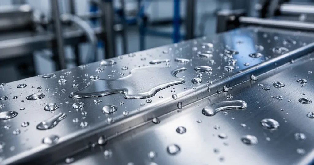 Zbliżenie na gładką, polerowaną powierzchnię stali nierdzewnej z kroplami wody i metalicznym połyskiem.