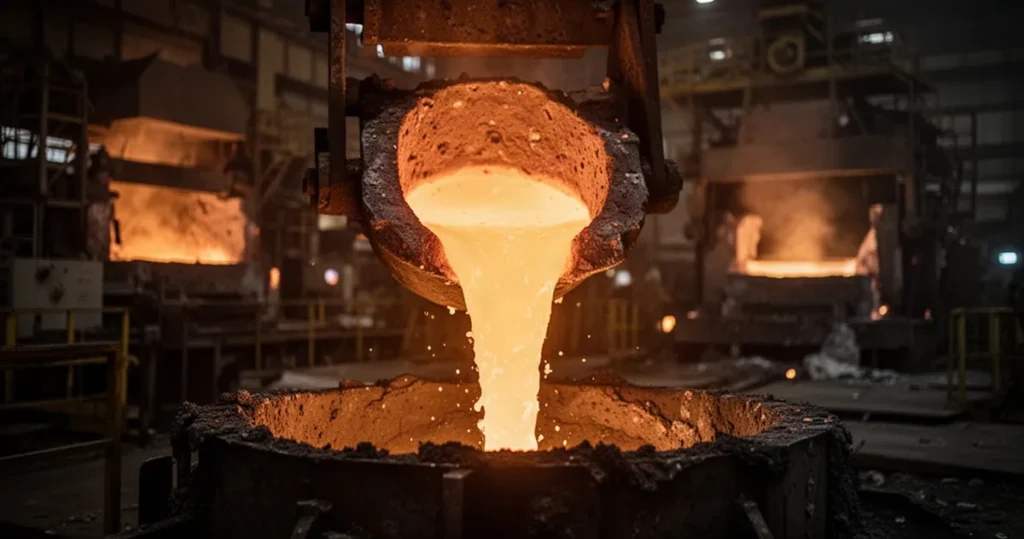 Jak powstaje żeliwo i czym różni się od stali Strumień roztopionego, jasnopomarańczowego żeliwa wylewany w przemysłowej odlewni na tle pieców i konstrukcji metalowych.