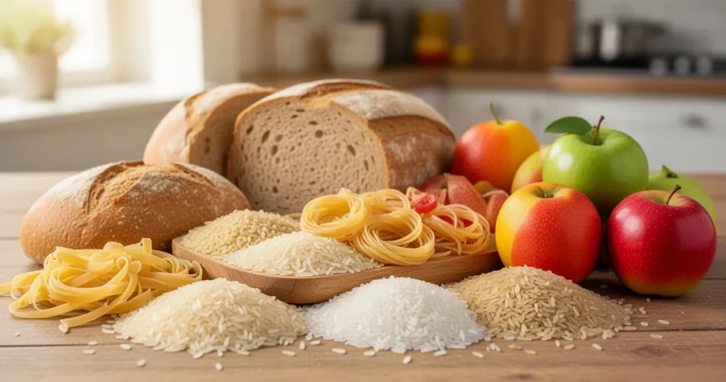 Różnorodne kolorowe produkty bogate w węglowodany, takie jak pieczywo, makaron, ryż i owoce na drewnianym stole w kuchni.