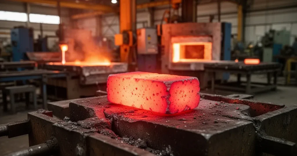 Na czym polega obróbka cieplna metali? Rozżarzony do czerwoności kawałek metalu nagrzewający się w piecu przemysłowym na tle rozmytej hali warsztatowej.