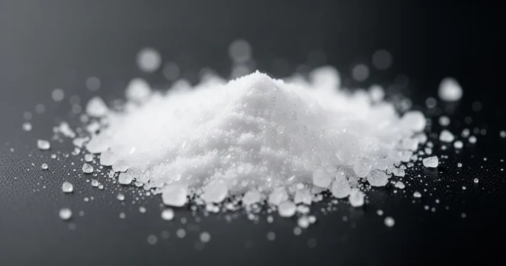 Mikrokrzemionka – właściwości i zastosowanie Drobny, biały proszek mikrokrzemionki na ciemnym, laboratoryjnym podłożu w zbliżeniu o płytkiej głębi ostrości.