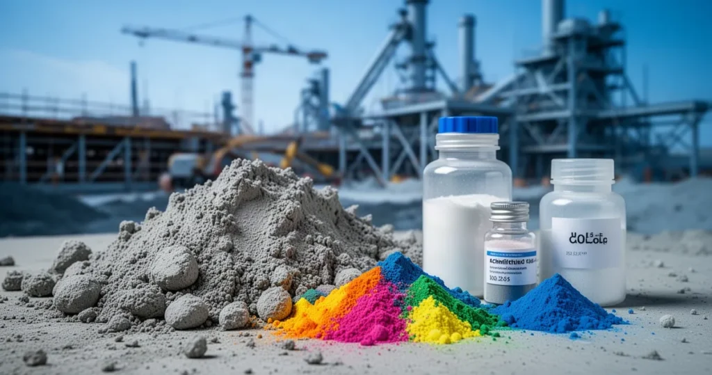 Zbliżenie na mieszankę betonową z kolorowymi dodatkami w proszku i substancjami chemicznymi na tle placu budowy.