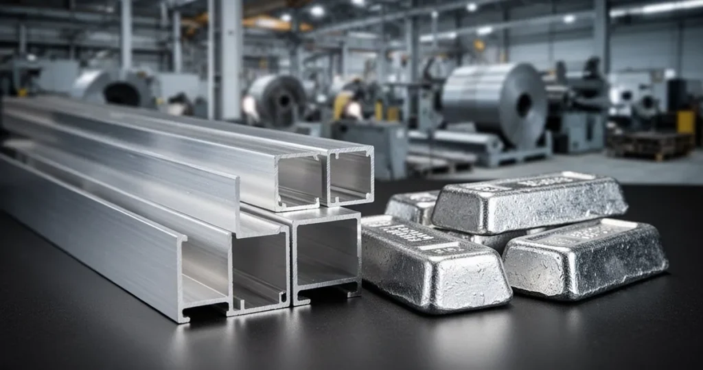Lśniące profile aluminiowe i metalowe wlewki ułożone na ciemnym tle, w tle zarys nowoczesnej hali przemysłowej.