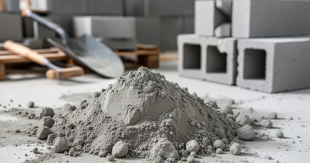 Cement portlandzki – właściwości, zastosowanie Zbliżenie na szary proszek cementu portlandzkiego, w tle rozmyte materiały budowlane i pustaki.